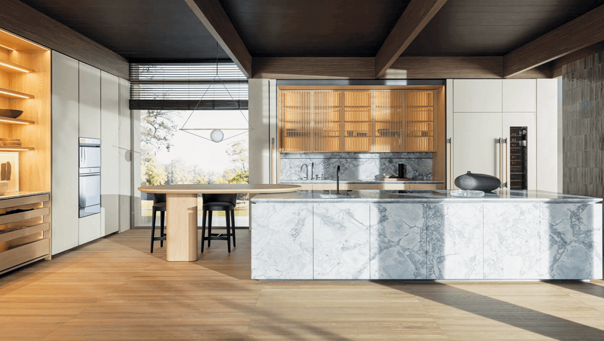 Cozinha Intersection, da Molteni&C, apresenta principais tendências como a cor, curvas e pedras